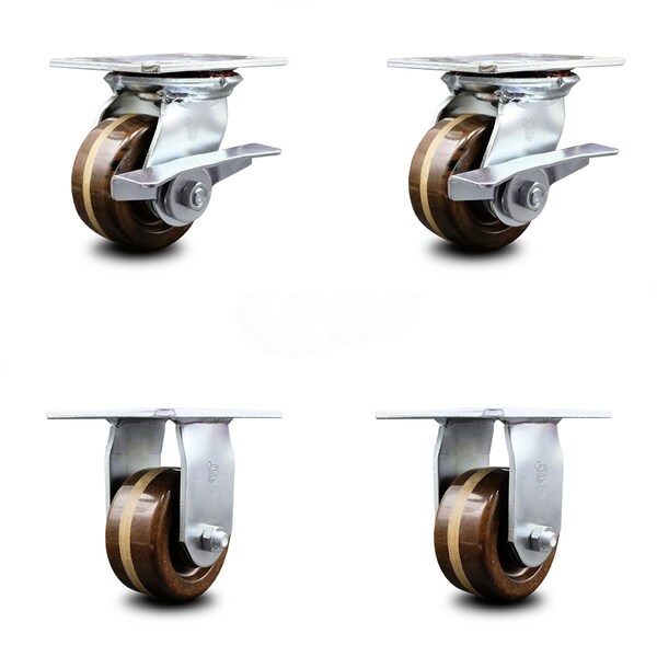 4 Inch High Temp Phenolic Caster Set with Roller Bearing 2 Brakes and 2 Rigid
